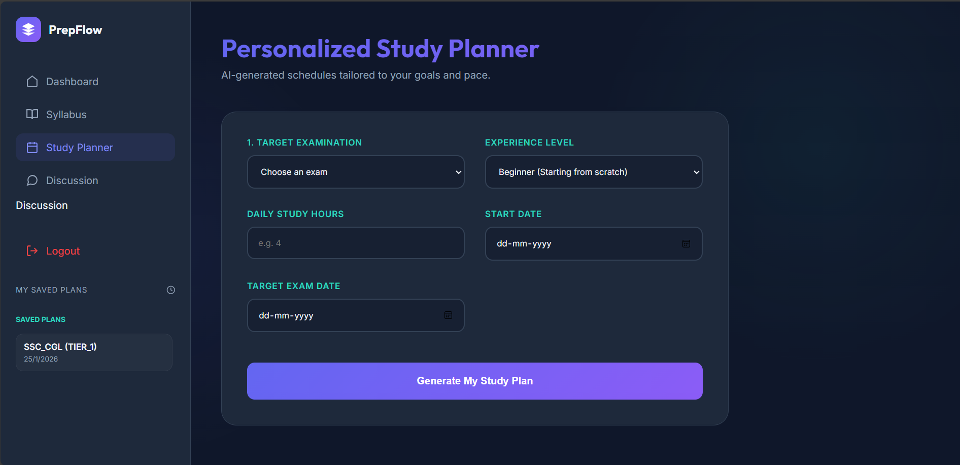 Study Planner Interface